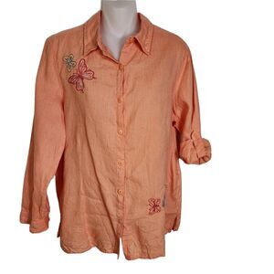 Breckenridge Women Top Medium Linen Mellon Button Embroidered Butterflies Sequin